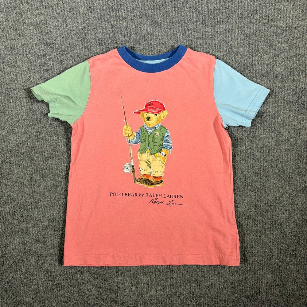 Polo Ralph Lauren Polo Bear Fishing Shirt Kids 5 Pink Blue Green Colorblock